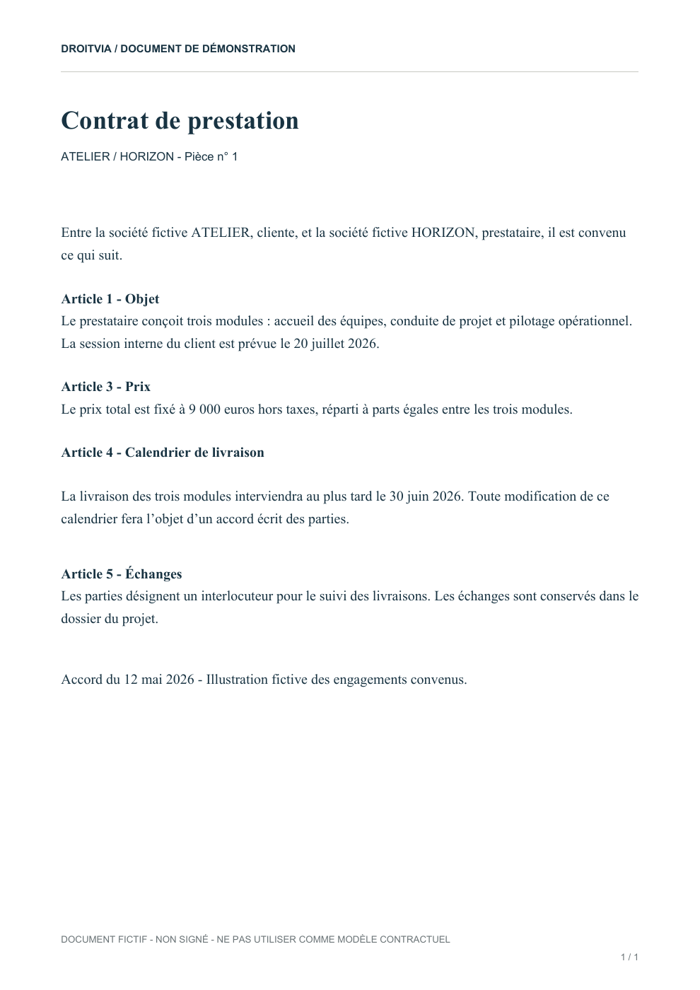 Page du PDF fictif : Pièce n° 1 : Contrat de prestation